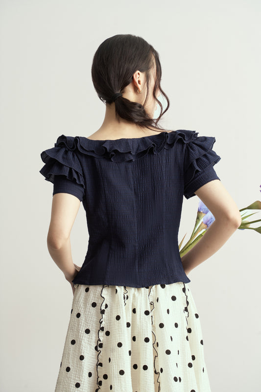 DARK BLUE OFF-SHOULDER RUFFLES TOP