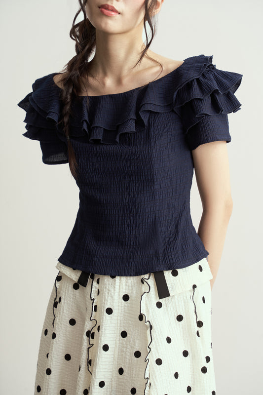 DARK BLUE OFF-SHOULDER RUFFLES TOP
