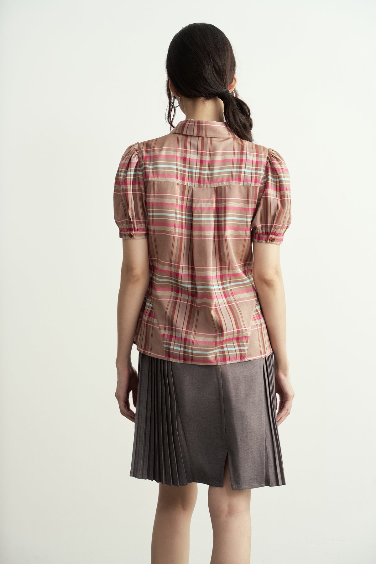 VINTAGE DUSTY PINK CHECK PUFF-SLEEVE SHIRT