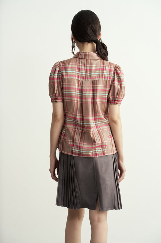 VINTAGE DUSTY PINK CHECK PUFF-SLEEVE SHIRT