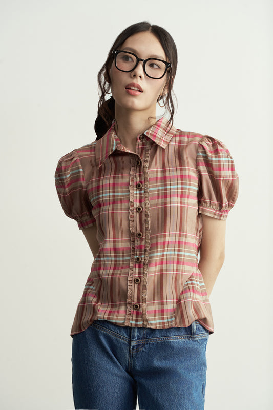 VINTAGE DUSTY PINK CHECK PUFF-SLEEVE SHIRT