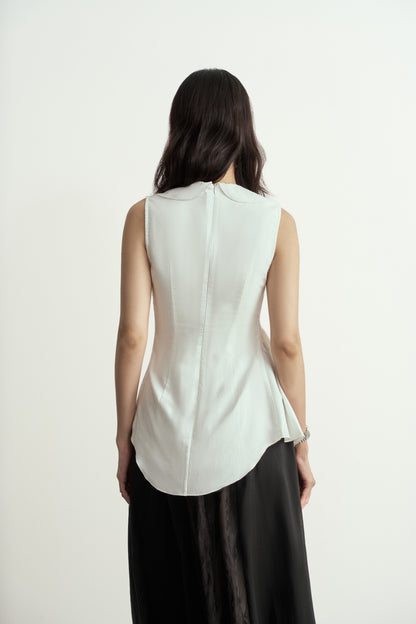 WHITE ASYMMETRIC RUFFLES SLEEVELESS BLOUSE