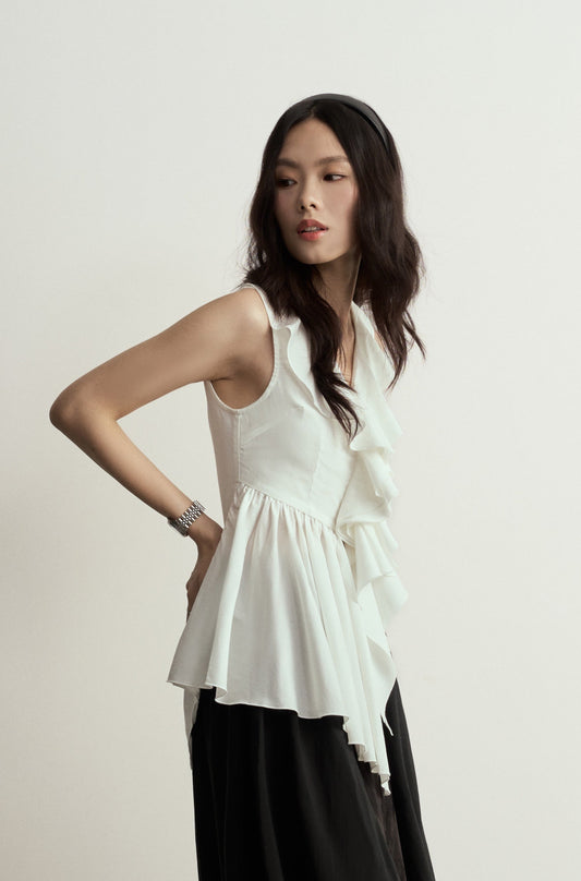 WHITE ASYMMETRIC RUFFLES SLEEVELESS BLOUSE