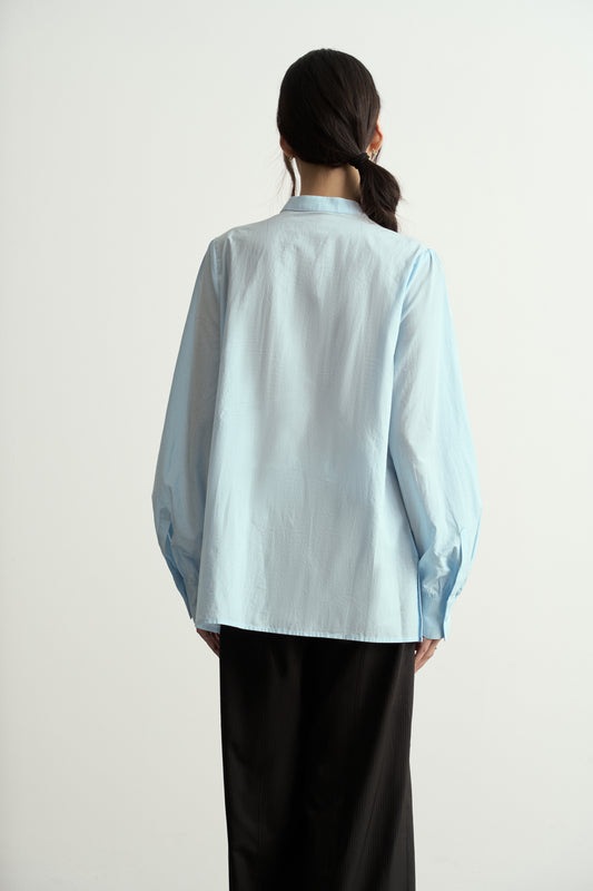 TRADITIONAL CHINESE ROUND NECK PLEATS BABY BLUE SHIRT