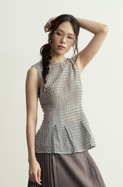 SLEEVELESS SEMI-SHEER GREY CHECK FITTED TOP