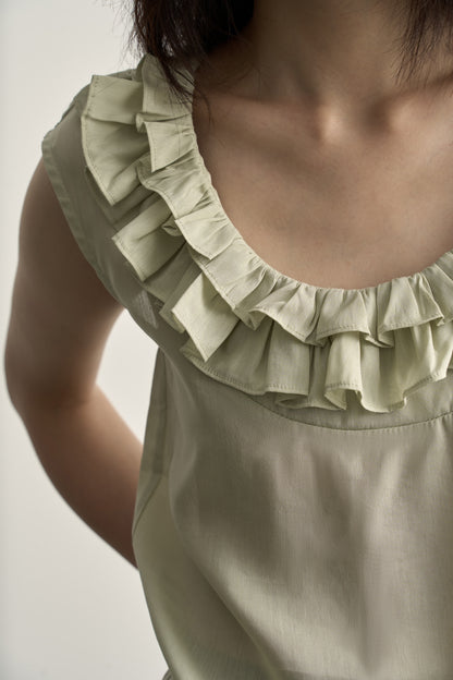 LIGHT GREEN LINEN SLEEVELESS TOP WITH DOUBLE RUFFLE NECKLINE