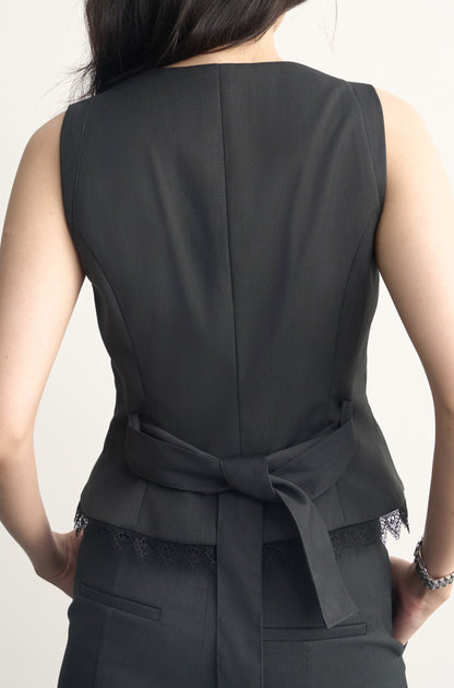 V-NECK TAILORED VEST WITH LACE TRIM
